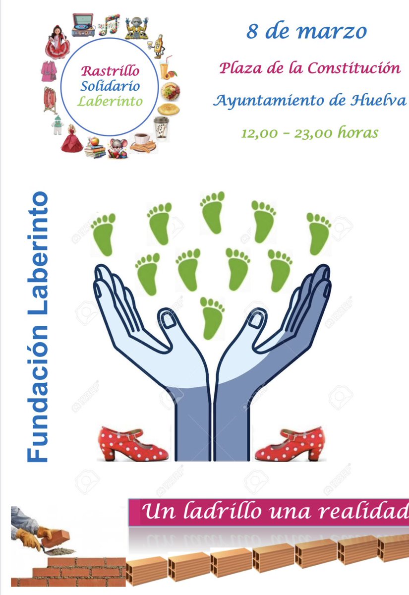 👉🏻 8️⃣ marzo, desde las 12 ⏰
Rastrillo #solidario Laberinto 
Un ladrillo una realidad 
En la Plaza de la Constitución #Huelva
¿Nos acompañas?