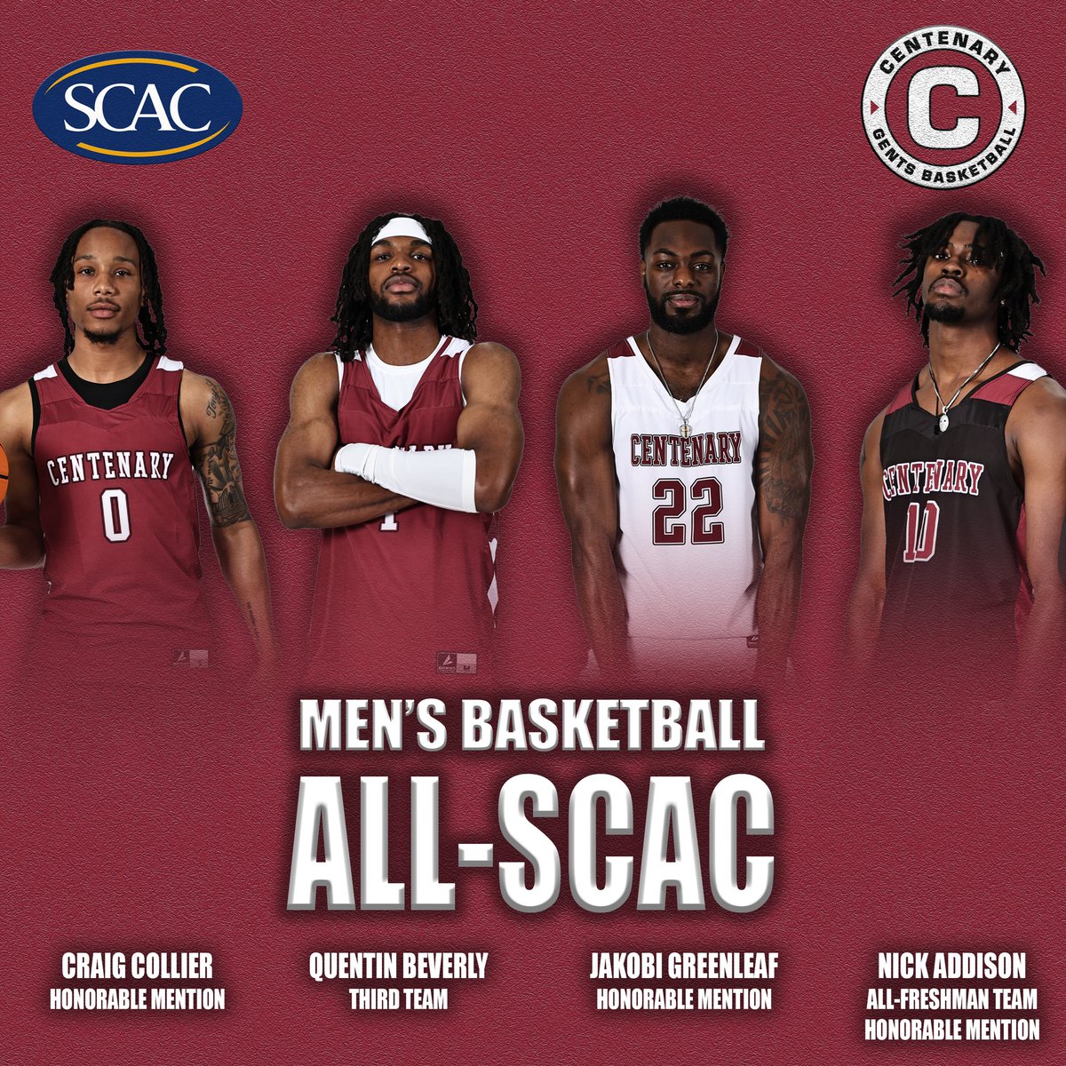 Congratulations to our 4️⃣ Gents who earned All-SCAC honors this season!

Quentin Beverly - All-SCAC Third Team
Nicholas Addison - All-Freshman Team and All-SCAC Honorable Mention
Jakobi Greenleaf - All-SCAC Honorable Mention
Craig Collier - All-SCAC Honorable Mention