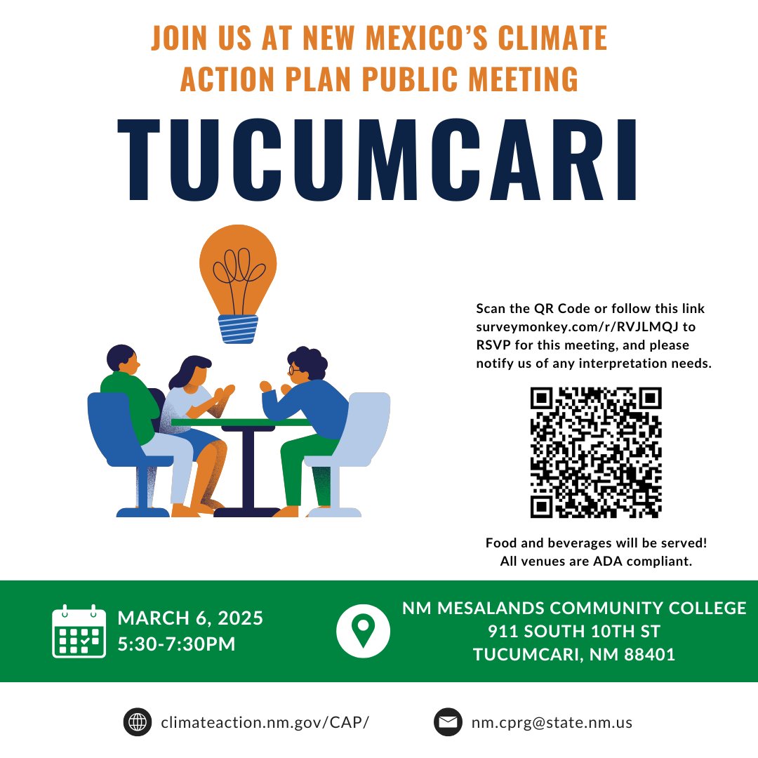 Join NMED and EMNRD in Tucumcari this Thursday to provide input on the state's Climate Action Plan — a crucial tool in meeting New Mexico's climate pollution reduction targets and ensuring a healthy and secure future for all New Mexicans.

To RSVP, go to surveymonkey.com/r/RVJLMQJ!