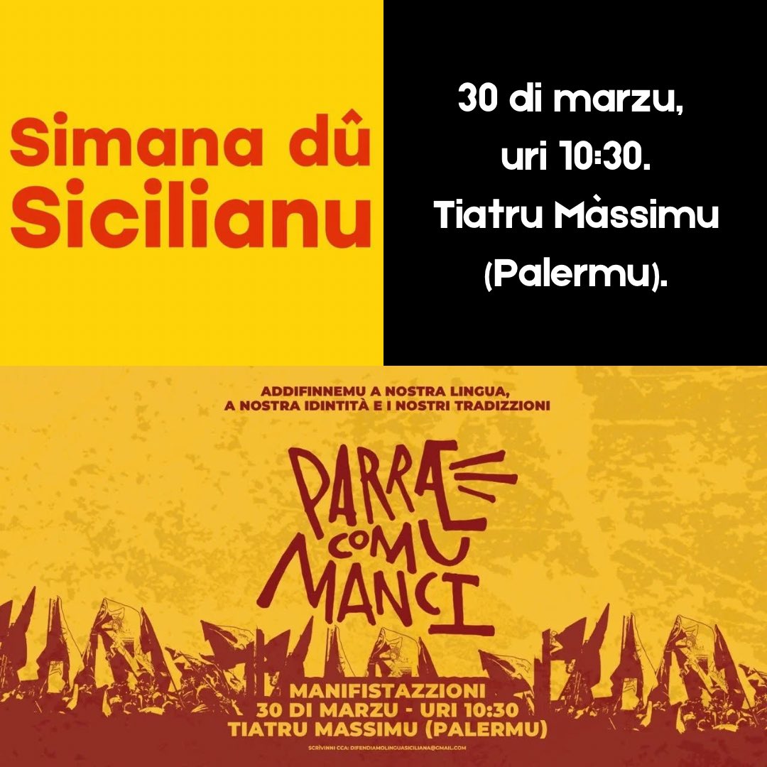 🗣 A Simana dû sicilianu nun è sulu virtuali! I picciotti di <a href="/trinacria_info/">Trinacria</a> àrmanu na manifistazzioni p’addifènniri a nostra lingua e addumannari u so ricanuscimentu. Viniti nummarusi â chiazza di ‘n facci ô Tiatru Màssimu a Palermu, jornu 30 di marzu, uri 10:30.🔥 #sicilianu