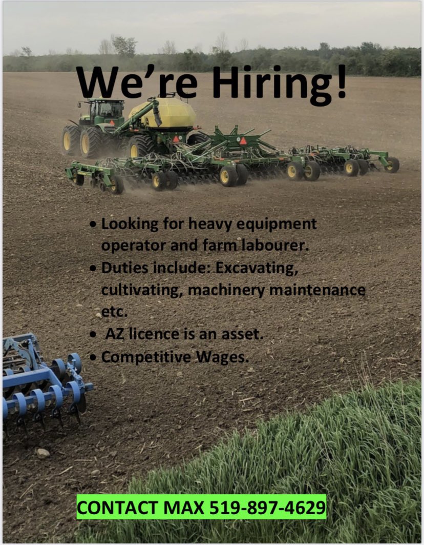 MaxWesterholt's tweet image. Von Westerholt Farms is Hiring!!! 

We are a family crop farm located in Harriston, Ontario. 
Looking for a motivated individual to help full or part time. 
Position available beginning of March. 
Retweets appreciated #ontag
