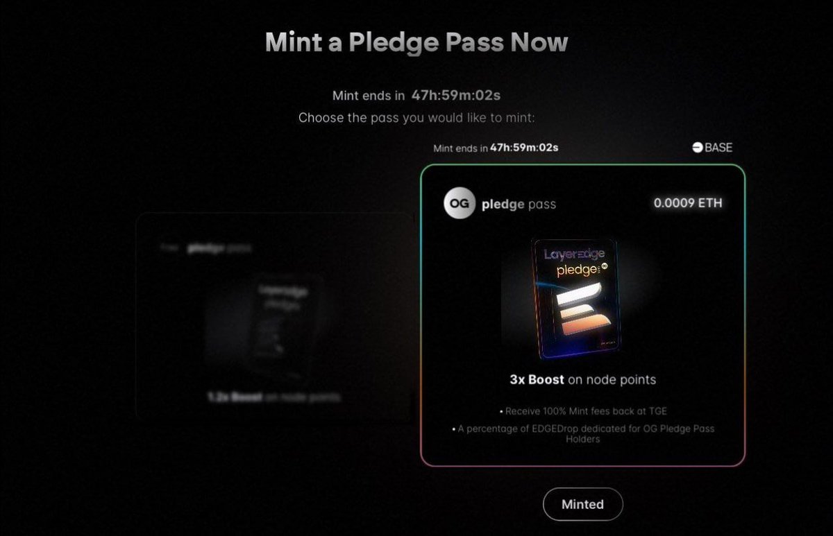 uxBerly's tweet photo. Mint LayerEdge "Pledge Pass" NFT! 🔥

✅ Mint here: https://t.co/LVNDn7sYz9

- Chain: Base
- Price: 0.0009 ETH (~$1.96)
- Ends in <48 hours

New users use code: jYpXuNwg
100% mint fee refunded in LayerEdge tokens at TGE. A percentage of the airdrop allocation is reserved for OG Pledge Pass holders
#LayerEdge LayerEdge