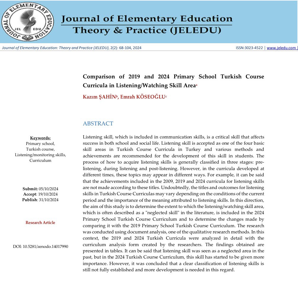 Jel_Edu's tweet photo. 📚 Comparison of 2019 and 2024 Primary School Turkish Course Curricula in Listening/Watching Skill Area

Kazım ŞAHİN , Emrah KÖSEOĞLU

For Read ⤵️

https://t.co/212WLMPCkF

#primaryschool #turkishcourse #curriculum https://t.co/pae6remmcW