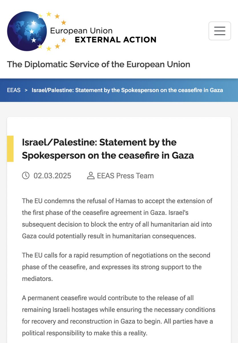 The EU refuses to condemn Israel's total siege on Gaza &amp; tossing of the ceasefire agreement into the garbage bin

The EU instead condemns Hamas for not accepting Netanyahu's new ridiculous proposal; a temporary pause to get all remaining hostages out then back to genocide!