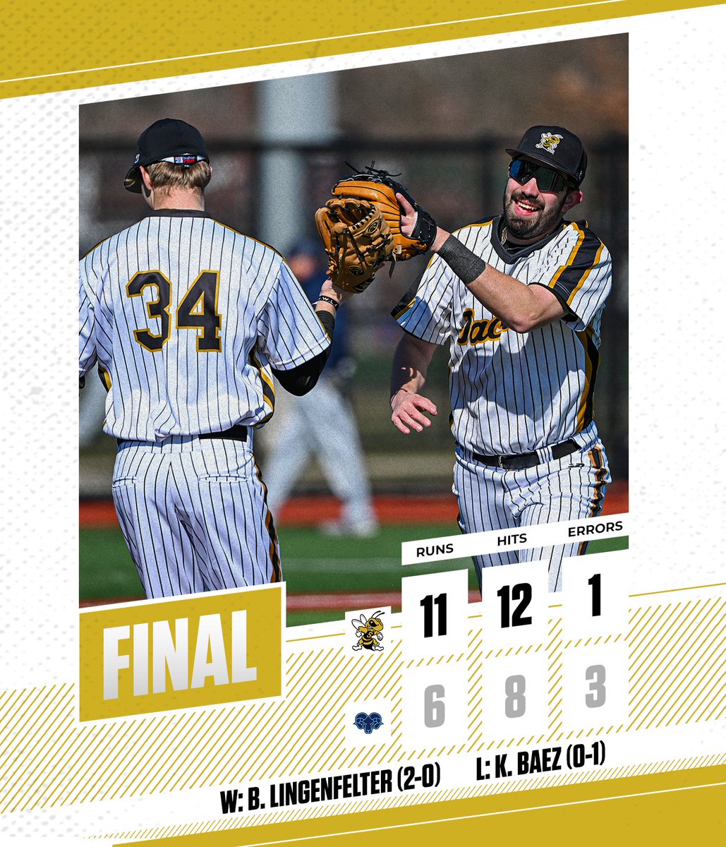 wvsuathletics's tweet photo. ⚾️ | FINAL: WVSU 11, JEFF 6

🟡 C. FIZER: 3-5, 2 RBI, R
⚫️ WATERS, M. BITTINGER, RUFFNER, A. PAULSEN: 2 RUNS EACH
🟡 B. LINGENFELTER: 6.0 IP, 3 K, WIN

Up Next: 3/7 vs. Slippery Rock
#GoState 🐝 https://t.co/QL0cnivgwH