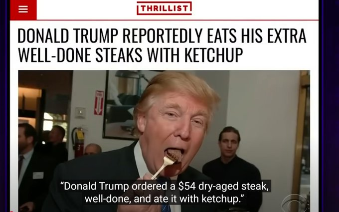 saifedean's tweet photo. This really is the perfect metaphor for the Trump presidency so far.

Figures out steak is great; adds sugary tomato sludge.

Figures out bitcoin is great; adds shitcoin scams.

Figures out government spending is bad and shuts down a couple of agencies; doesn't touch the root of all evil--the Fed and the war and intelligence agencies.

Figures out war is bad, tries to stop the Ukraine war; keeps giving Israel money and weapons for its genocide and plays along as they drag him to yet another Middle East war.

Hires RFK Jr to go after pharma criminals; spends billions on some new mRNA frankenvax.

Promises transparency and the release of the JFK and Epstein files; lets a bunch of Israeli assets play hide and seek with the files.