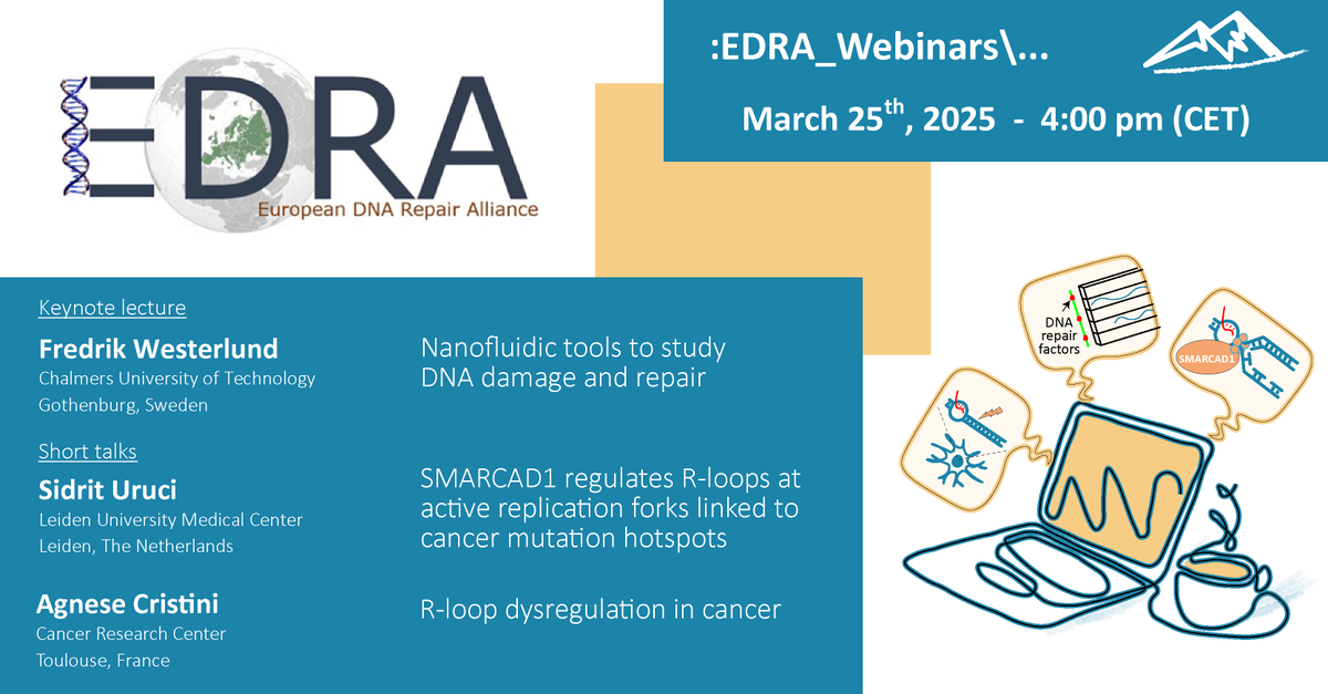 EDRA (European DNA Repair Alliance) (@edra_webinars) on Twitter photo Save the date! On March 25th, We'll dive into Nanofluidic tools for studying DNA repair with Fredrik Westerlund @FWesterlundand and R-loops & genome instability with Sidrit Uruci <a href="/UruciSidrit/">Sidrit Uruci (Sid)</a> & Agnese Cristini <a href="/AgneseCristini/">Agnese Cristini</a>. Save the date! On March 25th, We'll dive into Nanofluidic tools for studying DNA repair with Fredrik Westerlund @FWesterlundand and R-loops & genome instability with Sidrit Uruci <a href="/UruciSidrit/">Sidrit Uruci (Sid)</a> & Agnese Cristini <a href="/AgneseCristini/">Agnese Cristini</a>.