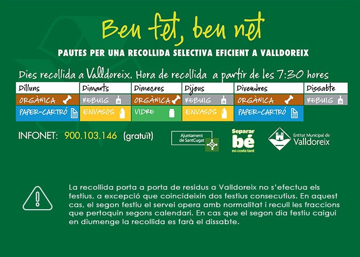 RECORDEU‼️

Demà, tot i ser festiu per la diada de Sant Medir, a #Valldoreix el servei de recollida de residus operarà amb normalitat

🤔Recordeu treure les fraccions corresponents: orgànica i paper/cartró