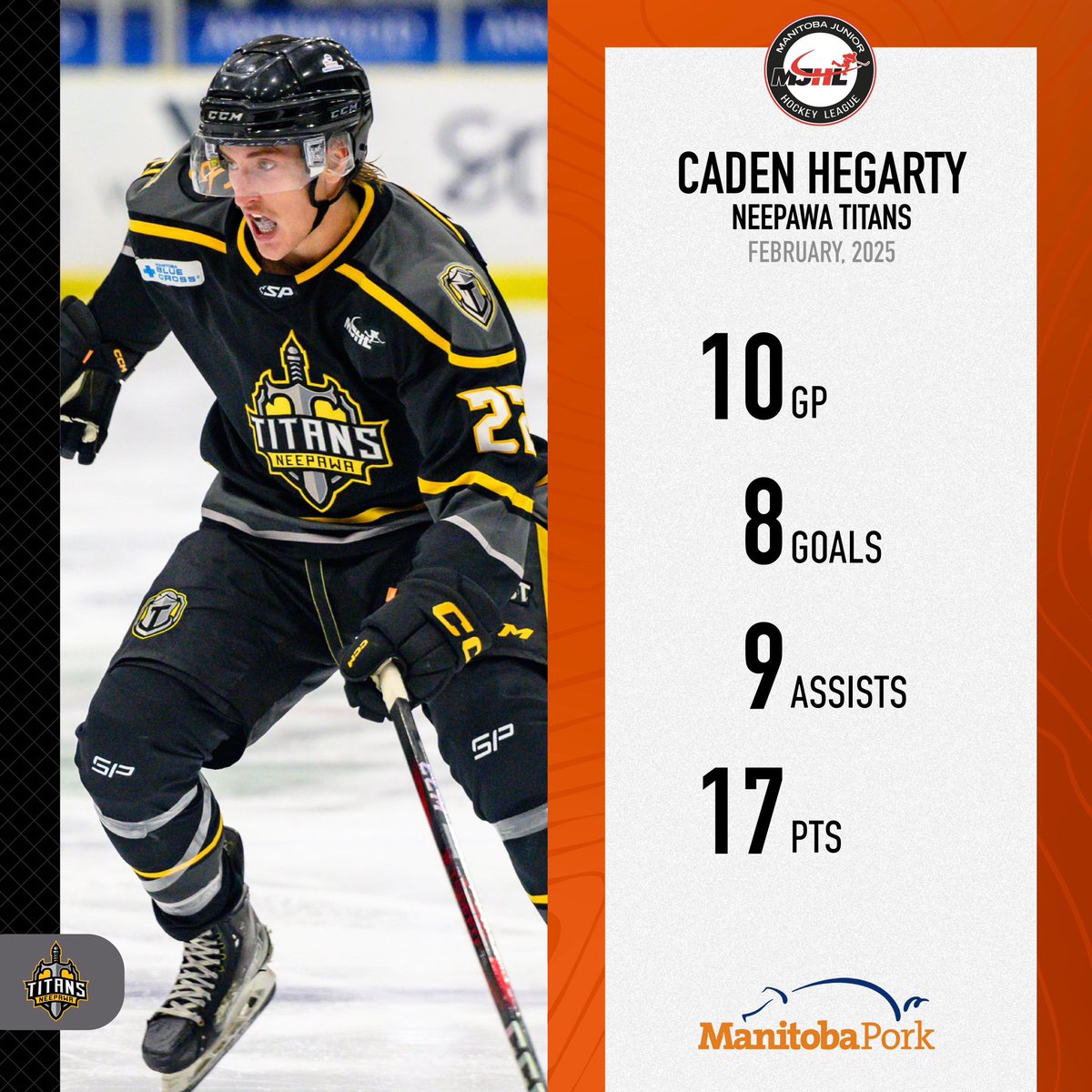 Caden Hegarty (‘05) has been named the MJHL’s Manitoba Pork Peak Performer for the month of February! 

Hegerty exploded in February to put together a big month for the surging Titans. In just 10 games, Hegerty posted five, multi-point outings, which including a trio of 3-point