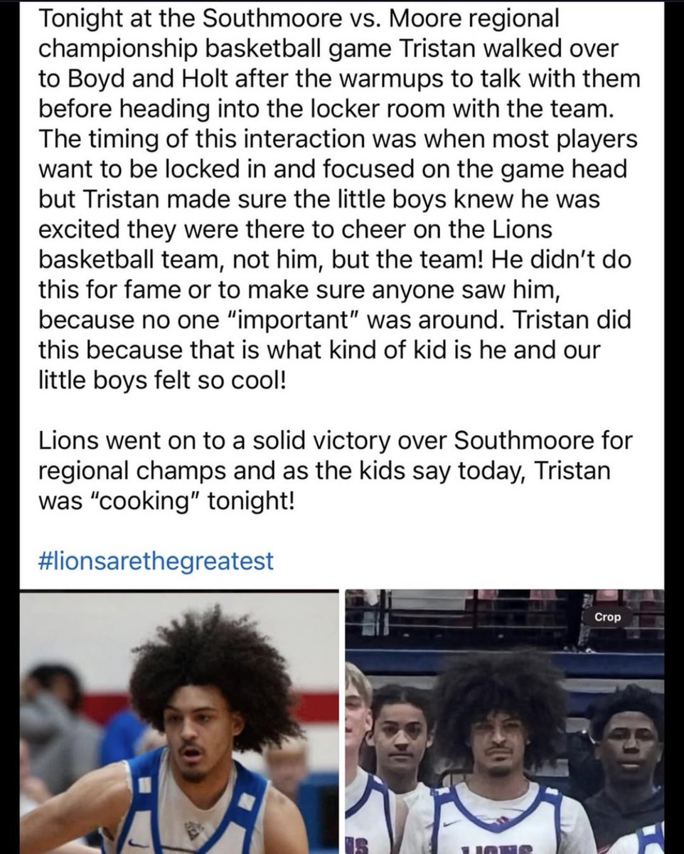 Been to about 4 Moore games this year and when i say Tristian plays a major part in a lot of their wins. The kid does it all and not only a top tier player but  he’s a great kid off the court this is just little piece of his character. We gotta talk about him more and if you