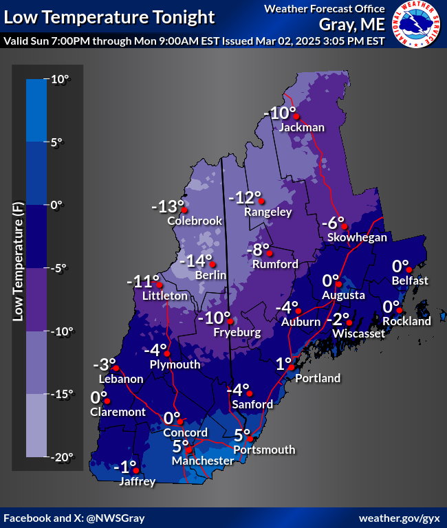 NWSGray's tweet photo. Cooler tonight, but less of a windy bite. Temps rebound in a big way through the middle of the week. Rain is expected to move in Wed, continuing Thurs. Combined rain and melt will aid in river ice movement. For now, this is more likely for the coast and interior #nhwx #mewx https://t.co/LOGM12ocxI