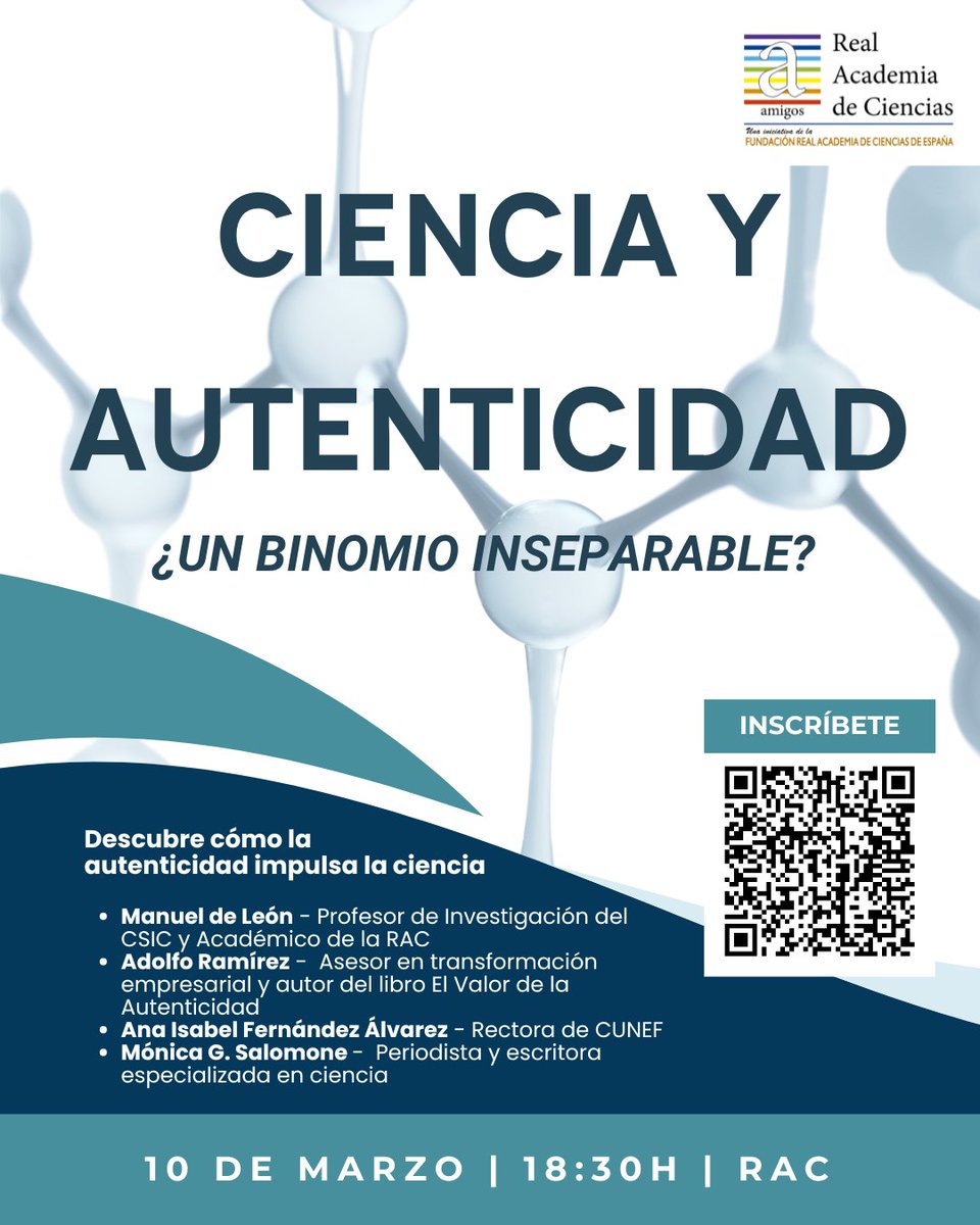 RACiencias (@raciencias) on Twitter photo EVENTO #AMIGOSRAC:
Ciencia y Autenticidad: ¿un binomio inseparable?
🗓️ Lunes 10 de marzo, 18:30h
📍 <a href="/raciencias/">RACiencias</a>
Con <a href="/manuel_de_leon/">manuel de leon</a>, Adolfo Ramírez, Ana Isabel Fernández Álvarez y Mónica G. Salomone
<a href="/_ICMAT/">Inst. de Cc. Matemáticas</a> - <a href="/IEbusiness/">iebusiness</a> - <a href="/CUNEF/">CUNEF Universidad</a>
📷 ¡Inscríbete hoy! amigosrac.es/ciencia-y-aute… EVENTO #AMIGOSRAC:
Ciencia y Autenticidad: ¿un binomio inseparable?
🗓️ Lunes 10 de marzo, 18:30h
📍 <a href="/raciencias/">RACiencias</a>
Con <a href="/manuel_de_leon/">manuel de leon</a>, Adolfo Ramírez, Ana Isabel Fernández Álvarez y Mónica G. Salomone
<a href="/_ICMAT/">Inst. de Cc. Matemáticas</a> - <a href="/IEbusiness/">iebusiness</a> - <a href="/CUNEF/">CUNEF Universidad</a>
📷 ¡Inscríbete hoy! amigosrac.es/ciencia-y-aute…
