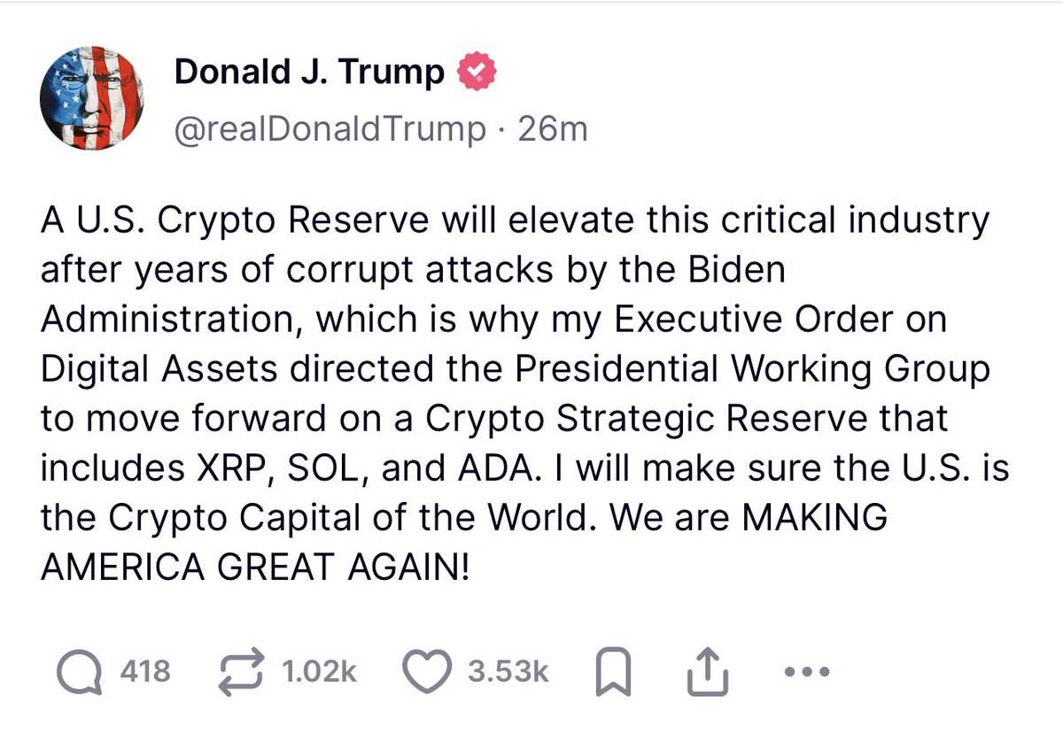 Looks like US Crypto Strategic Reserve is happening - with additions of $XRP, $SOL, and $ADA
