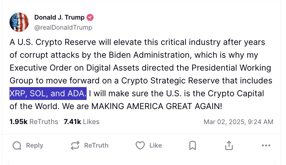 WalkerAmerica's tweet image. BREAKING 🚩 DONALD TRUMP: “my Executive Order on Digital Assets directed the Presidential Working Group to move forward on a Crypto Strategic Reserve that includes XRP, SOL, and ADA.”

This is a BAD idea for America. A Strategic Reserve *must* be BITCOIN ONLY.

RT if you agree.