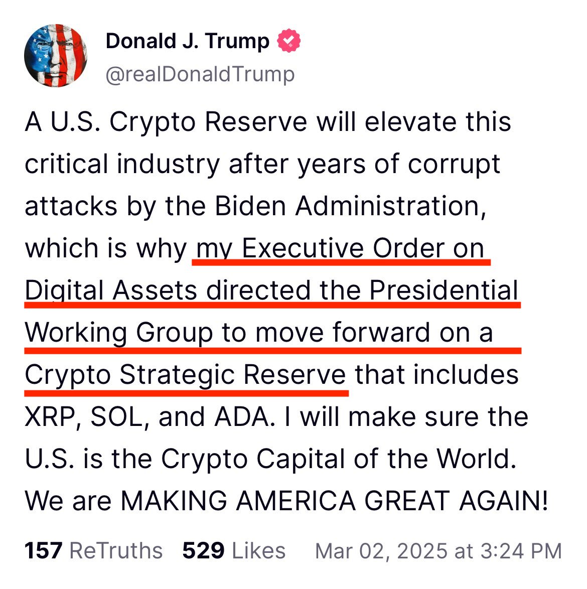 BitcoinArchive's tweet image. 🇺🇸 TRUMP EXECUTIVE ORDER 🇺🇸 

&quot;MOVE FORWARD ON CRYPTO STRATEGY RESERVE&quot;