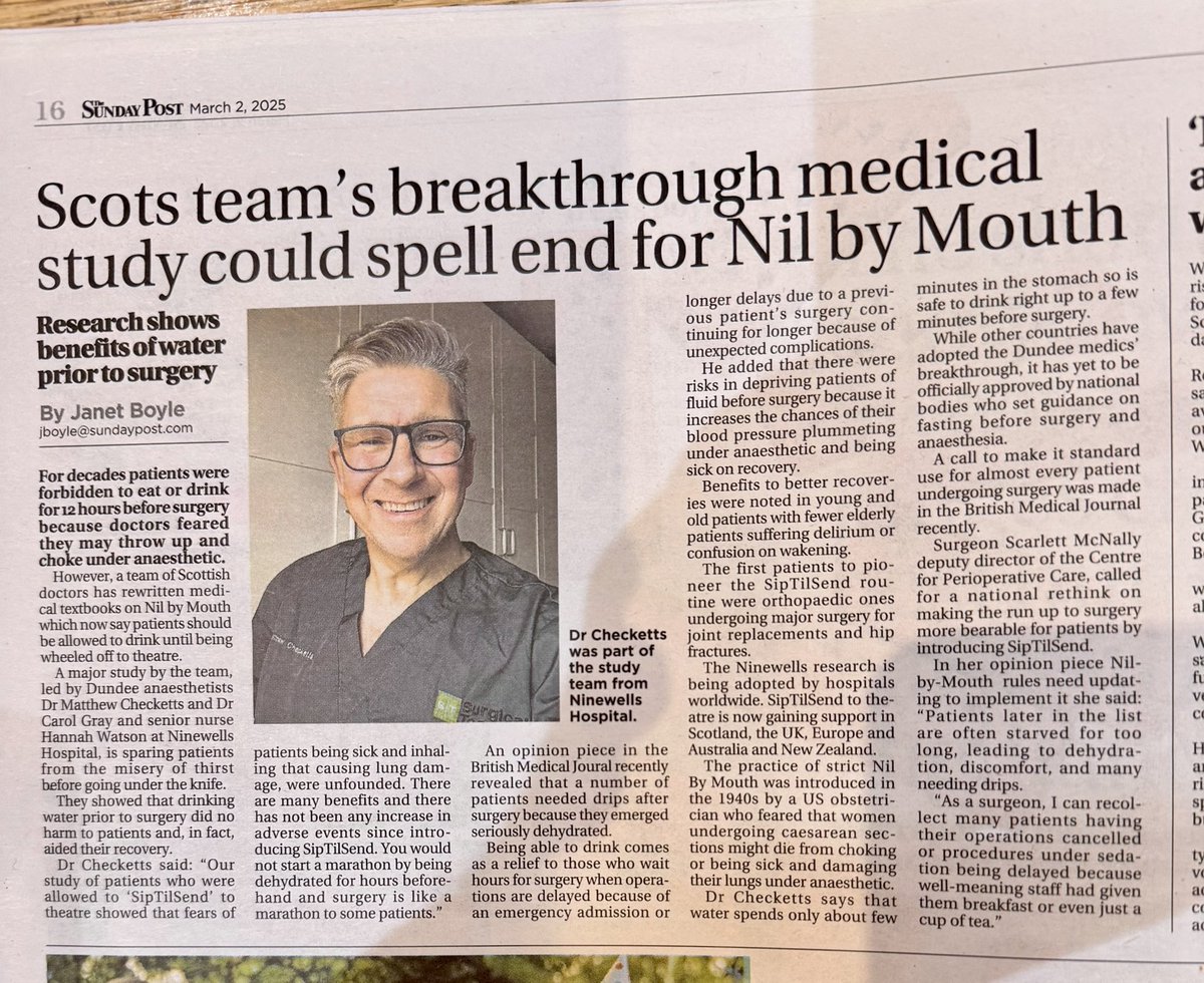 Matthew Checketts (@mrchecketts) on Twitter photo Patients now safely drink water right up until they go for surgery at #NinewellsHospital and hundreds of other hospitals in the world <a href="/SipTilSend/">SipTilSend</a> story is in today’s <a href="/Sunday_Post/">The Sunday Post</a> <a href="/CPOC_News/">Centre for Perioperative Care</a> <a href="/ANZCA/">ANZCA</a> <a href="/A_MacLullich/">Alasdair MacLullich</a> <a href="/bmj_latest/">The BMJ</a> <a href="/scarlettmcnally/">Prof Scarlett McNally</a> Patients now safely drink water right up until they go for surgery at #NinewellsHospital and hundreds of other hospitals in the world <a href="/SipTilSend/">SipTilSend</a> story is in today’s <a href="/Sunday_Post/">The Sunday Post</a> <a href="/CPOC_News/">Centre for Perioperative Care</a> <a href="/ANZCA/">ANZCA</a> <a href="/A_MacLullich/">Alasdair MacLullich</a> <a href="/bmj_latest/">The BMJ</a> <a href="/scarlettmcnally/">Prof Scarlett McNally</a>