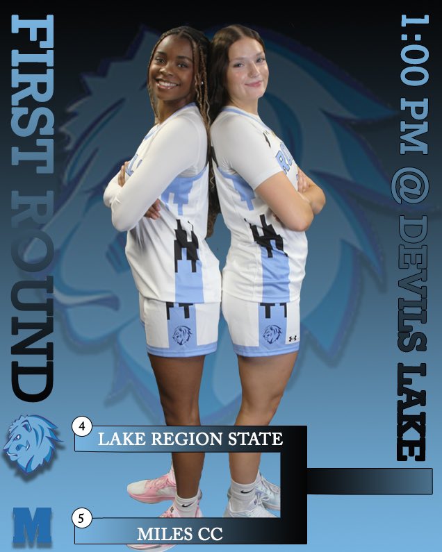 🚨 PLAYOFF GAMEDAY 🚨

Excited to host our first round playoff game today!

Let’s pack the Sports Center in 🔵&amp;⚪️

🆚  Miles CC
📍  Sports Center || Devils Lake, ND
⏰  1:00 PM
💻  m.youtube.com/@lakeregionsta…

#WeAreLR 🦁🏀