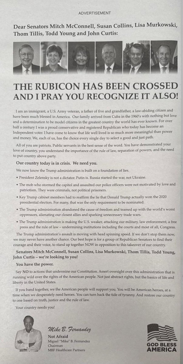 AmandiOnAir's tweet image. 🚨EXTRAORDINARY FULL PAGE AD in today’s @nytimes by Cuban American businessman Mike Fernandez savaging the Trump Administration and calling for 5 @GOP senators @SenMcConnell @lisamurkowski @SenatorCollins @SenThomTillis @SenJohnCurtis to band together to stop him!

Incredible! 👏🏼