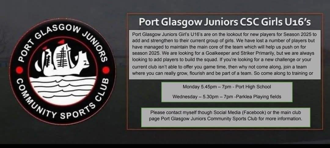 Carole Ann McIntyre (@carole_ann_mci) on Twitter photo Port Glasgow Juniors Under 16's Girls looking to add to their squad. New girls are always welcome ⚫⚪🔴 please <a href="/StStephensHS/">Saint Stephen's High School</a> <a href="/sshsfball/">St Stephen’s Football</a> <a href="/PGHS_PE_/">PGHS PE</a> <a href="/PGHS_PE_/">PGHS PE</a> <a href="/ndhs1/">Notre Dame HS, Greenock</a> <a href="/invacad/">Inverclyde Academy</a> <a href="/_stcolumba/">St.Columba's HS, Gourock</a> <a href="/InverclydeDofE/">Inverclyde DofE</a> please share 🙏🏼 Port Glasgow Juniors Under 16's Girls looking to add to their squad. New girls are always welcome ⚫⚪🔴 please <a href="/StStephensHS/">Saint Stephen's High School</a> <a href="/sshsfball/">St Stephen’s Football</a> <a href="/PGHS_PE_/">PGHS PE</a> <a href="/PGHS_PE_/">PGHS PE</a> <a href="/ndhs1/">Notre Dame HS, Greenock</a> <a href="/invacad/">Inverclyde Academy</a> <a href="/_stcolumba/">St.Columba's HS, Gourock</a> <a href="/InverclydeDofE/">Inverclyde DofE</a> please share 🙏🏼
