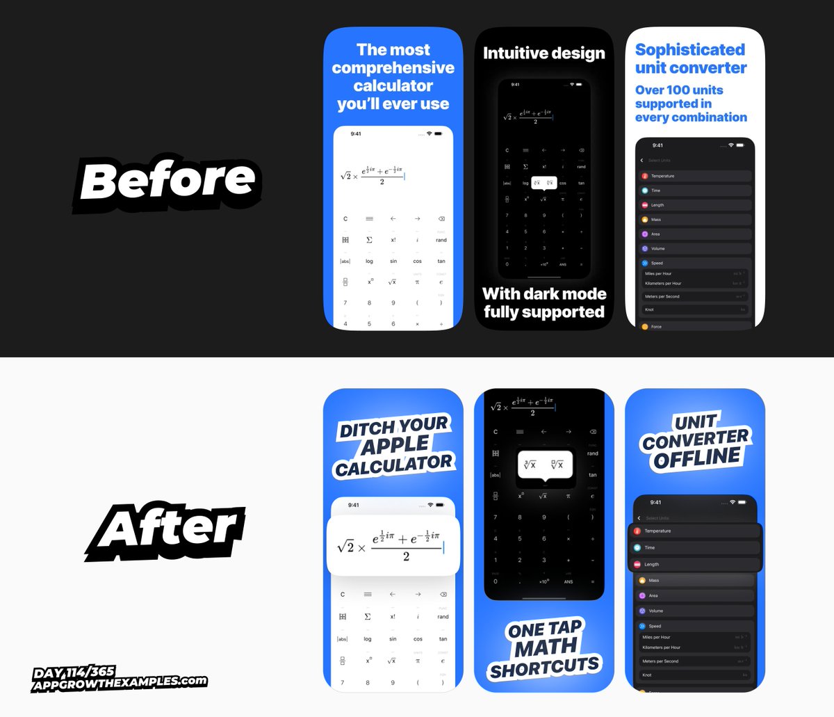 Before → After

Having contrasting colors is one of the few UX guidelines worth following.

High converting ads are the ones with the best contrasted colors.

App Store screenshots are just one more type of ad.

One more opportunity to sell your app.

To achieve this:

- Do not