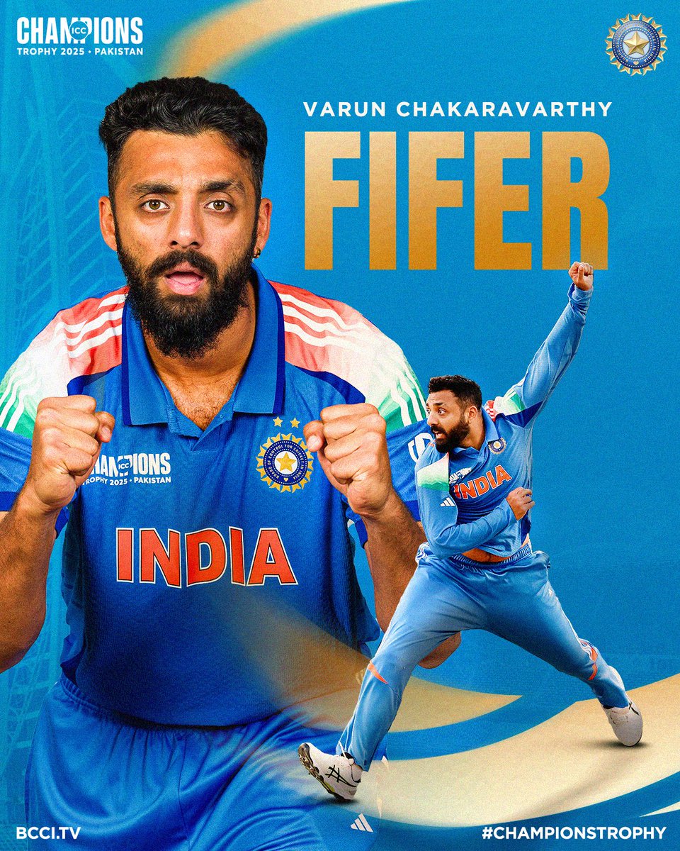 BCCI (@bcci) on Twitter photo A Five Star Performance 🖐️
Varun Chakaravarthy with five wickets for the night 🥳
Updates ▶️ bit.ly/NZvIND-CT-2025
#TeamIndia | #NZvIND | #ChampionsTrophy | <a href="/chakaravarthy29/">Varun Chakaravarthy🇮🇳</a> A Five Star Performance 🖐️
Varun Chakaravarthy with five wickets for the night 🥳
Updates ▶️ bit.ly/NZvIND-CT-2025
#TeamIndia | #NZvIND | #ChampionsTrophy | <a href="/chakaravarthy29/">Varun Chakaravarthy🇮🇳</a>