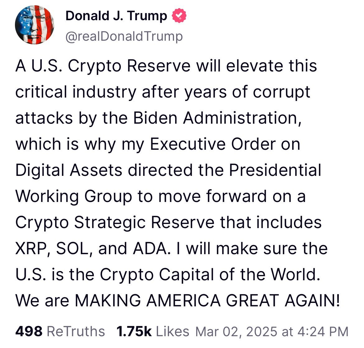 sunnydecree's tweet photo. BIG NEWS:
Donald Trump announces a Crypto Reserve. It should include #XRP, #SOL, and #ADA, yet it doesn’t even mention #Bitcoin. At this point, it’s quite clear that the President of the United States has no clue about this matter. What are your thoughts?