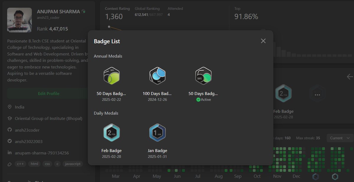 ansh23022003's tweet image. 50 days, 2 new LeetCode badges! January and February coding grind paid off. 
#LeetCode #CodingLife #TechWins #SkillUp #CodeEveryday #2025Badges
