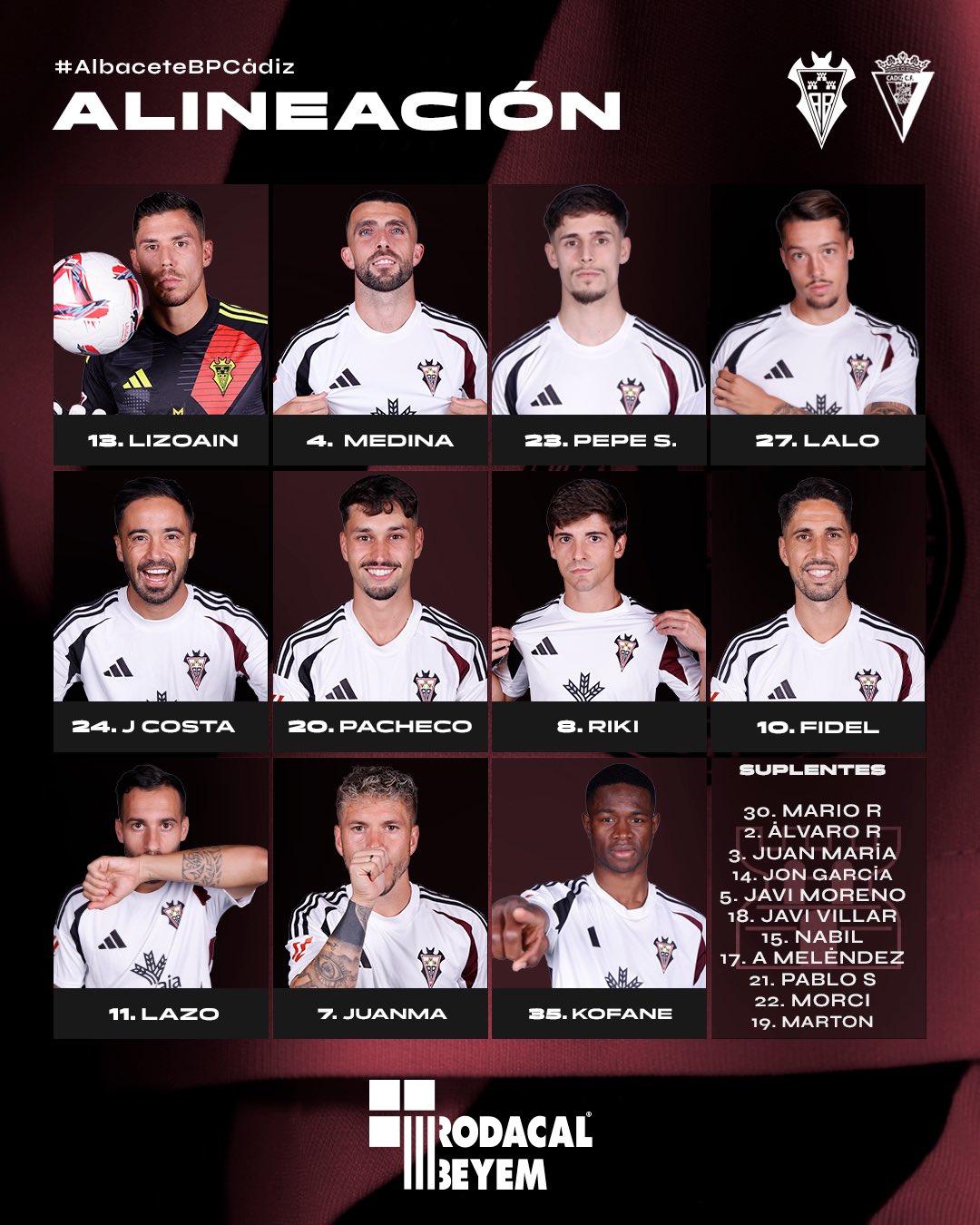 El once del Albacete ante el Cádiz.