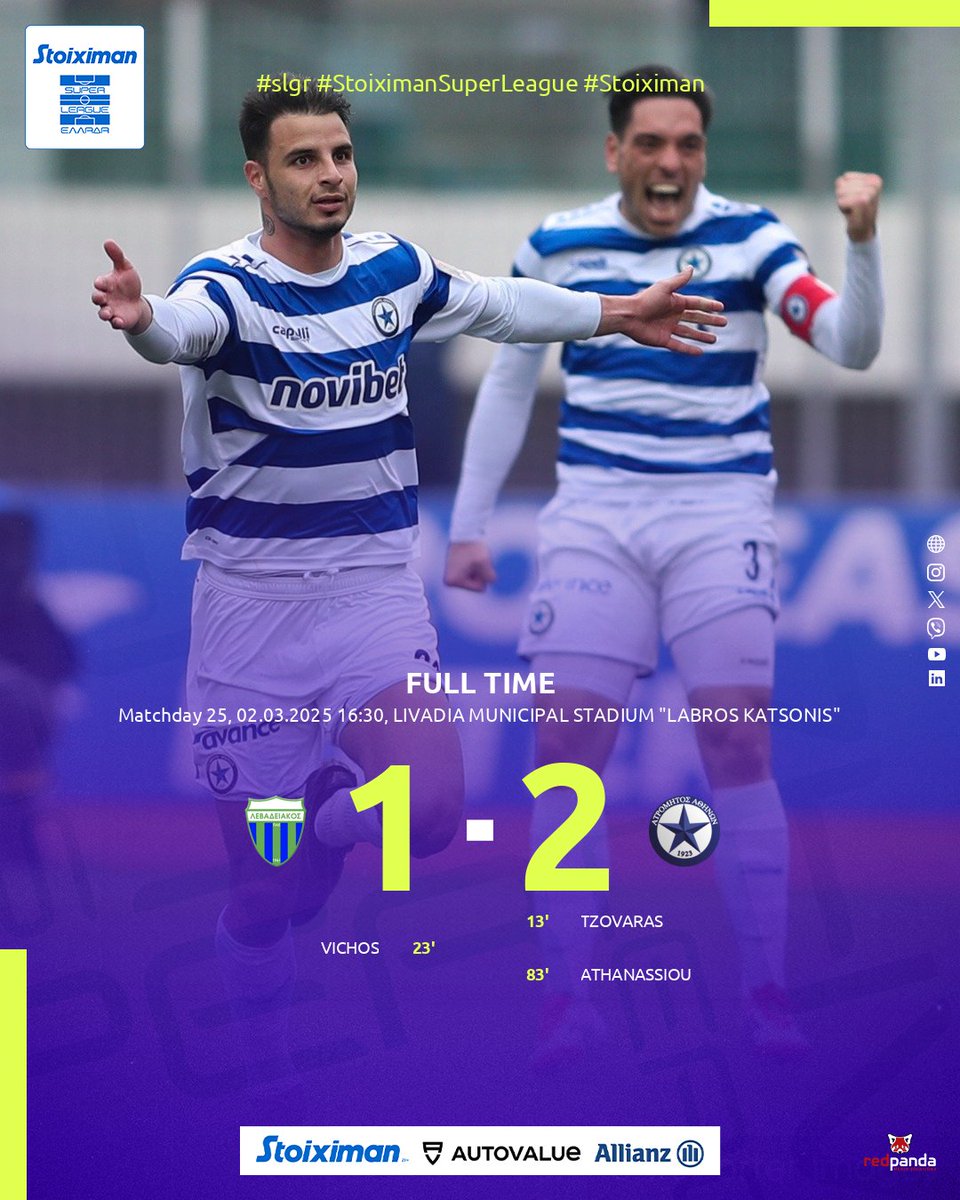 Super_League_GR's tweet photo. Αποτέλεσμα αγώνα, Λεβαδειακός - Ατρόμητος Αθηνών 1-2.
➡️https://t.co/hciM4TZLQc

#slgr #StoiximanSuperLeague #MD25 #levatr #LevadiakosFC #Atromitosfc #Stoiximan https://t.co/OE4Gg1n2fm