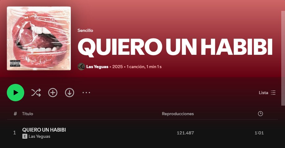 "QUIERO UN HABIBI"  

Porque el éxito "QUIERO UN HABIBI" de Las Yeguas superó las 100k reproducciones en spotify