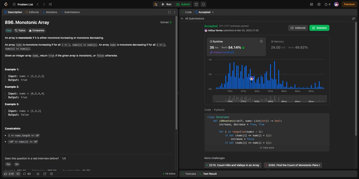 adityaverm_a's tweet image. Day 85 of #100DaysOfLeetCode
Problems:
- Monotonic Array
- Number of Good Pairs
- Sum of Absolute Differences in a Sorted Array
- Convert an Array Into a 2D Array With Conditions
#100DaysOfCode