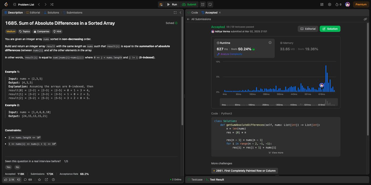adityaverm_a's tweet image. Day 85 of #100DaysOfLeetCode
Problems:
- Monotonic Array
- Number of Good Pairs
- Sum of Absolute Differences in a Sorted Array
- Convert an Array Into a 2D Array With Conditions
#100DaysOfCode