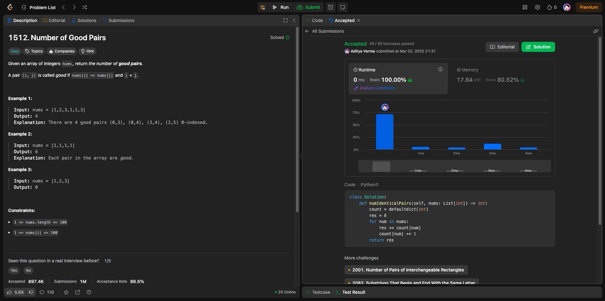 adityaverm_a's tweet image. Day 85 of #100DaysOfLeetCode
Problems:
- Monotonic Array
- Number of Good Pairs
- Sum of Absolute Differences in a Sorted Array
- Convert an Array Into a 2D Array With Conditions
#100DaysOfCode