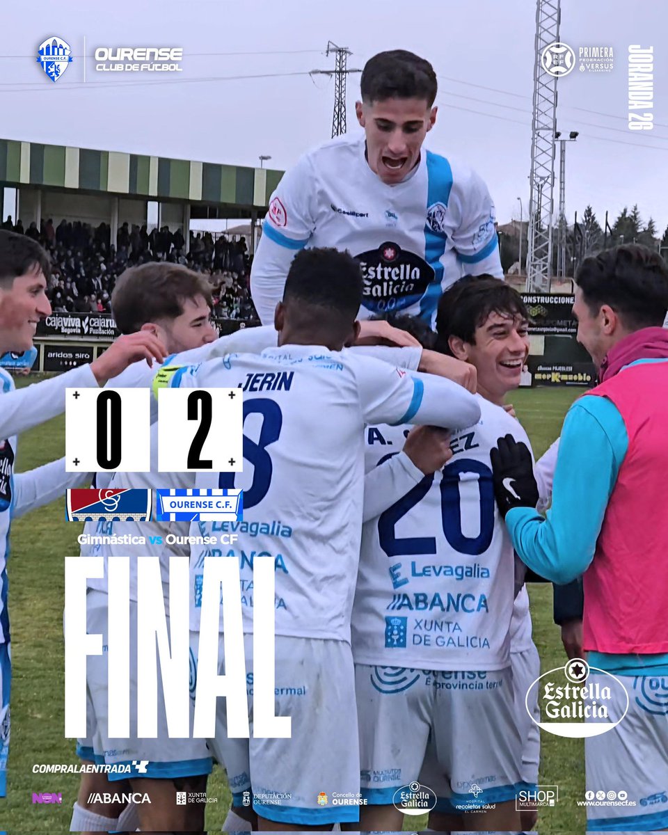 Ourense CF (@ourense_cf) on Twitter photo F I N A L en Segovia
<a href="/Primera_RFEF/">Primera Federación Versus e-Learning</a> J26
<a href="/lagimnastica/">Gimnástica Segoviana CF</a> 0-2 <a href="/Ourense_CF/">Ourense CF</a>
🏟️ La Albuera
Voltamos a gañar a domicilio e con portería a 0. Este é o #CamiñoOUCF 👌
Gracias por la excelente acogida a nuestra expedición y mucha 🍀 en lo que resta.
#OurenseDePrimeira 💙 F I N A L en Segovia
<a href="/Primera_RFEF/">Primera Federación Versus e-Learning</a> J26
<a href="/lagimnastica/">Gimnástica Segoviana CF</a> 0-2 <a href="/Ourense_CF/">Ourense CF</a>
🏟️ La Albuera
Voltamos a gañar a domicilio e con portería a 0. Este é o #CamiñoOUCF 👌
Gracias por la excelente acogida a nuestra expedición y mucha 🍀 en lo que resta.
#OurenseDePrimeira 💙