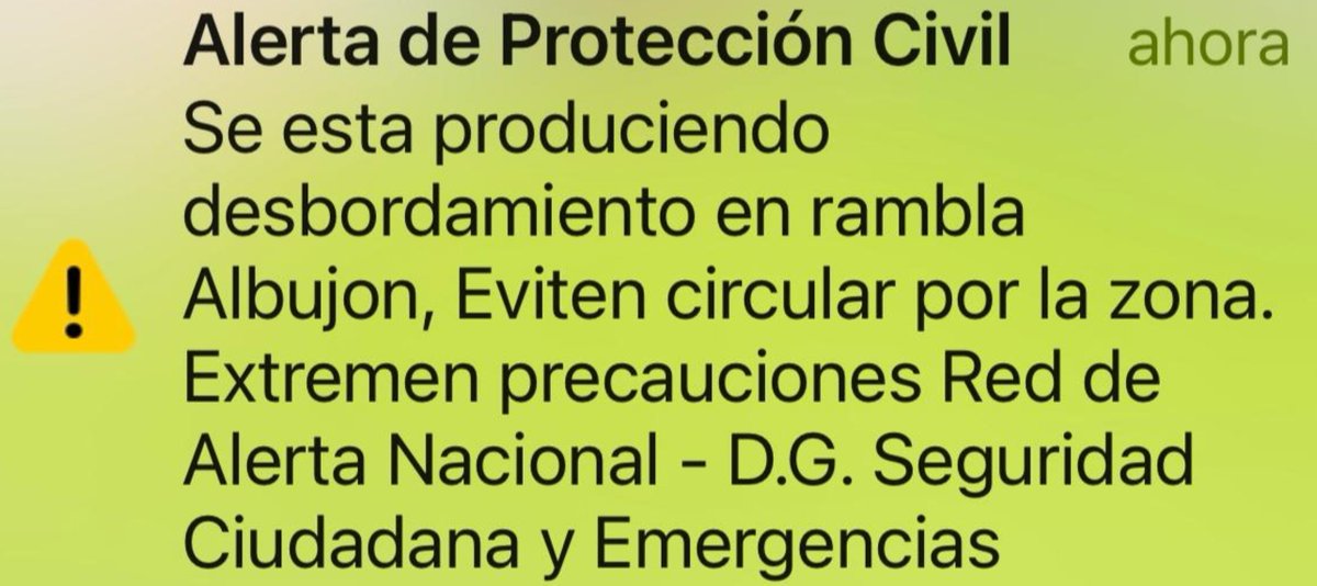 La <a href="/dgsce_RM/">Seguridad Ciudadana y Emergencias Región de Murcia</a>  ha enviado a través del sistema ES-Alert el siguiente mensaje a la población: “Se está produciendo el desbordamiento en la rambla de El Albujón. Eviten circular por la zona. Extremen la precaución"

El mensaje ha sido recibido en todos los teléfonos móviles de