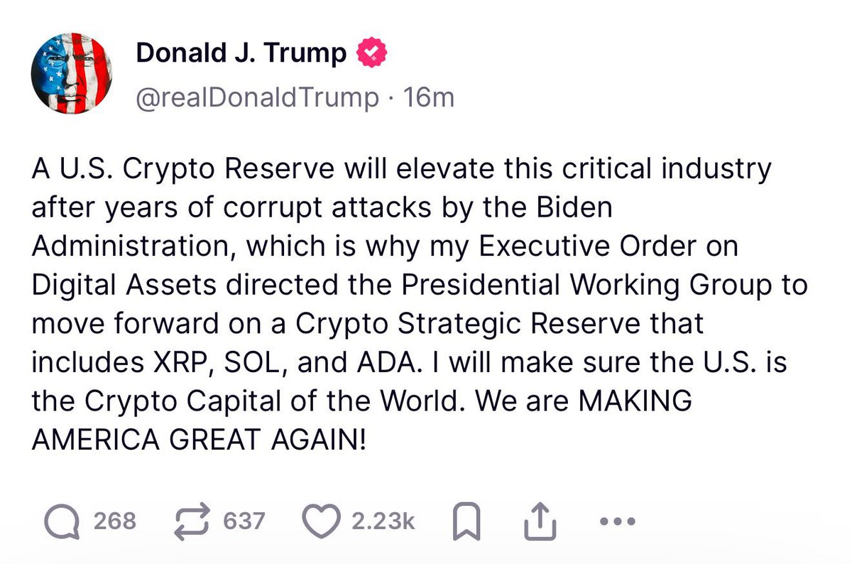 Trump announces a US Crypto Reserve that includes XRP, SOL, and ADA.