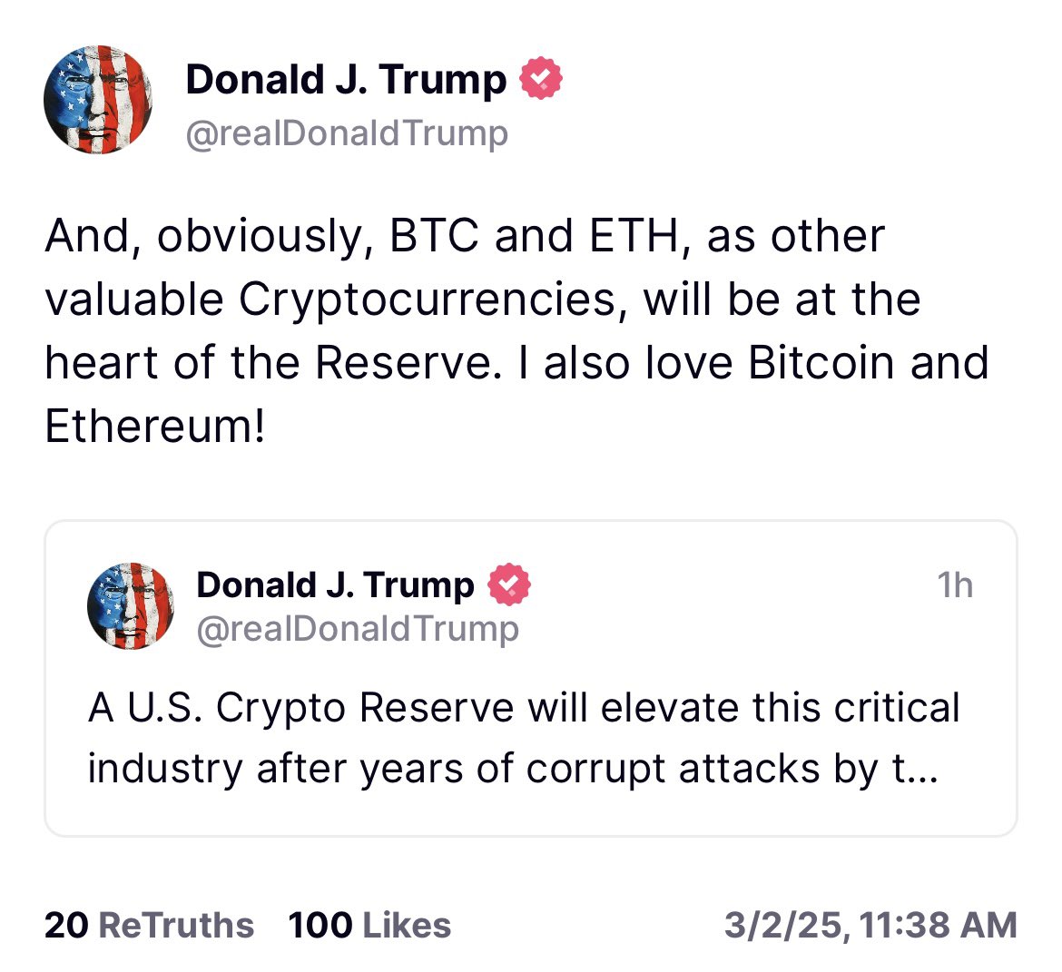EleanorTerrett's tweet image. 🚨BREAKING: Okay we have our answers! 

The reserve will also include $BTC and $ETH alongside $XRP, $ADA and $SOL, according to President @realDonaldTrump.