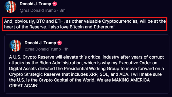 BREAKING: President Trump says Bitcoin and Ethereum "will be at the heart of the Reserve."

President Trump says "I also love Bitcoin and Ethereum!"