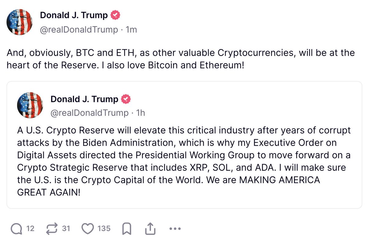 🚨UPDATE: Bitcoin and Ethereum to be included in the crypto reserve!