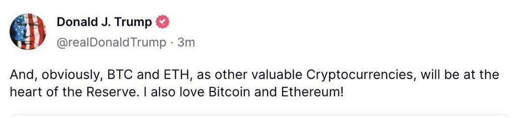 BREAKING: Bitcoin and Ethereum to be included in US Crypto Reserve.

<a href="/WatcherGuru/">Watcher.Guru</a>