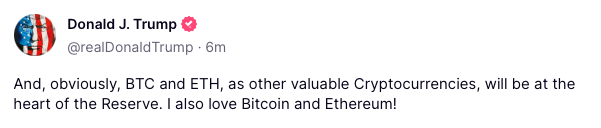 🇺🇸 UPDATE: $BTC and $ETH to also be part of U.S. Crypto Reserve.