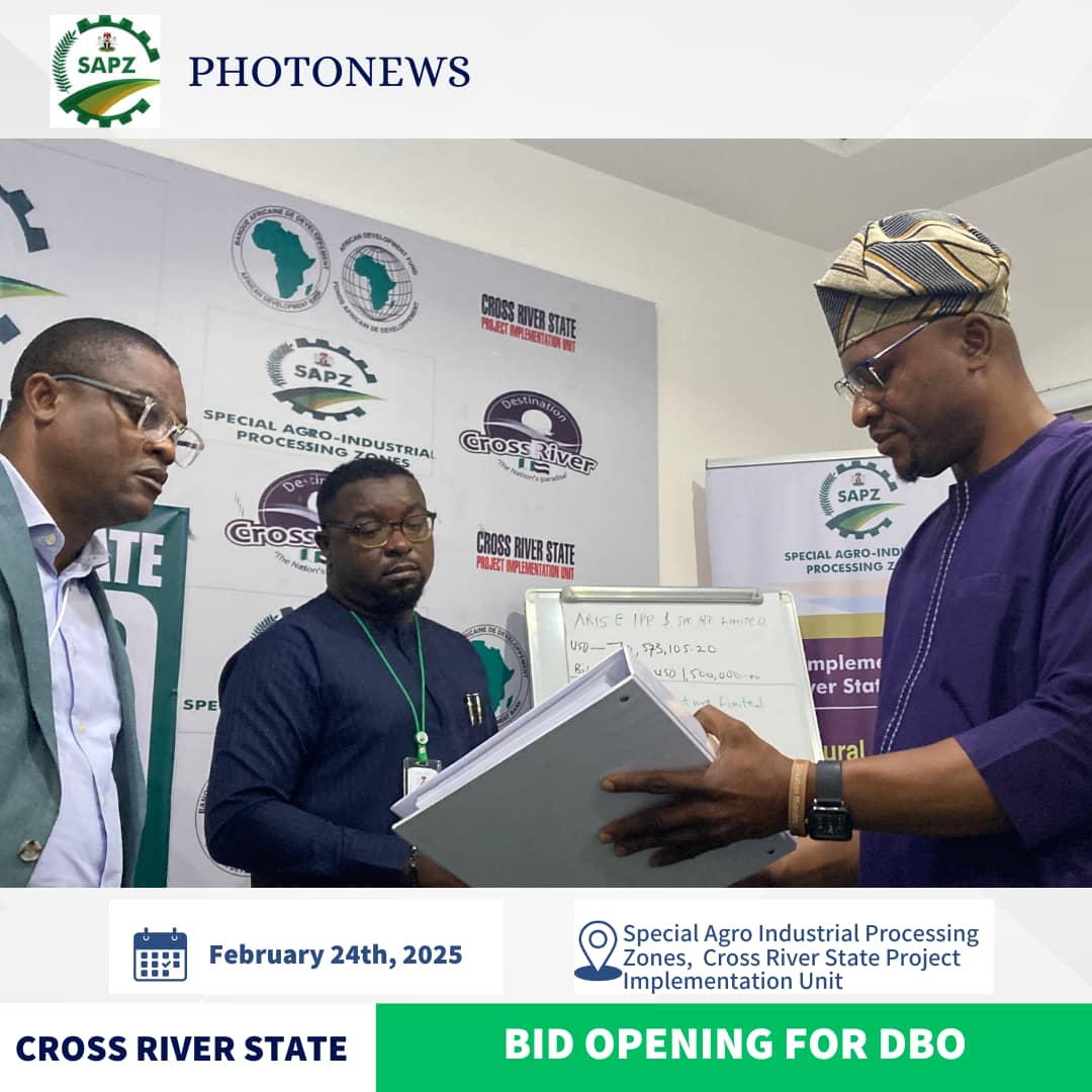 Cross River State’s Special Agro-Industrial Processing Zones (SAPZ) program has reached a significant milestone with the recent bid opening process Design, Build and Operate (DBO) for the development of the Agro-Industrial Hub (AIH) and ATC. <a href="/AfDB_Nigeria/">AfDB NIGERIA (RDNG)</a> <a href="/IFAD/">International Fund for Agricultural Development</a>  <a href="/isdb_group/">IsDB Group</a>