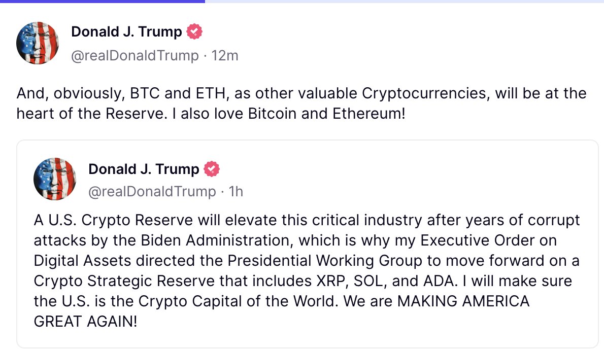 De ce a explodat piața? Simplu: Trump!

Explicația mai jos 👇

Donald Trump a declarat că va crea o Rezervă Cripto a SUA care va include criptomonede valoroase ca #BTC , #ETH , #XRP , #SOL , și #ADA .

Trump a subliniat că, după ani de atacuri din partea administrației Biden,