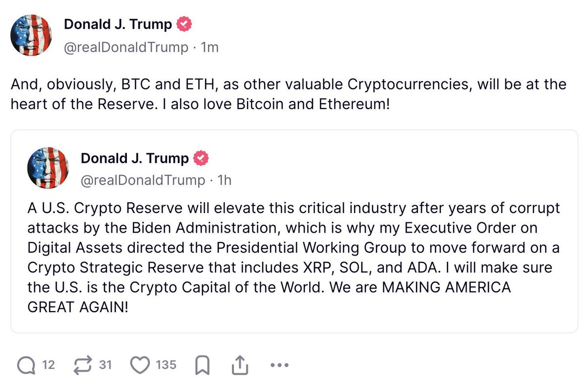 Additional clarification from Donald Trump on Truth Social: Bitcoin and  Ethereum will be included in the crypto reserve too. 💪