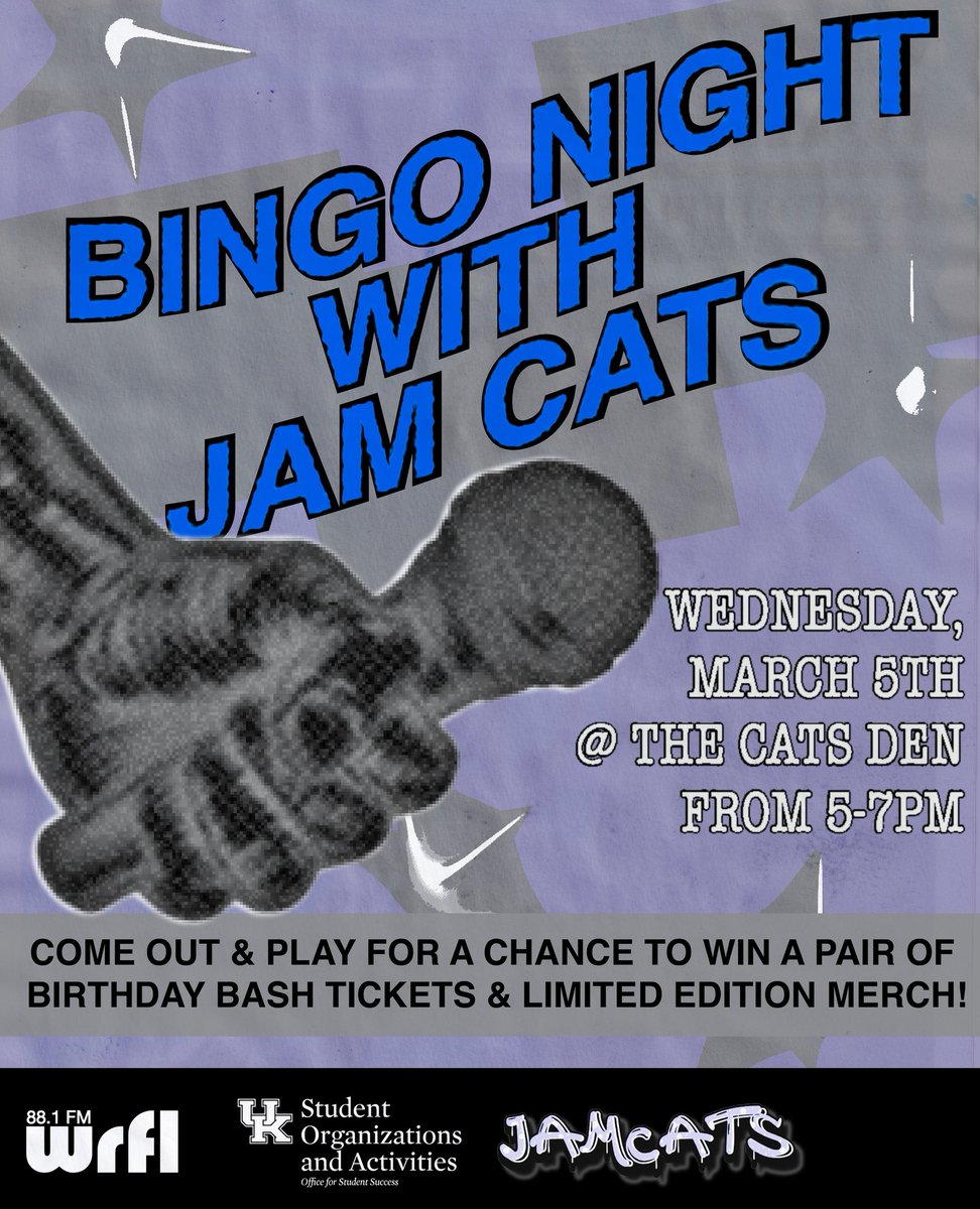 Join us this Wednesday for Music Bingo, hosted by JamCats and in collaboration with WRFL's 37th Birthday Bash Week celebrations! Don't miss awesome prizes! Music bingo will start at 5pm in the Cats Den. Be sure to stick around afterwards for an open mic night with the JamCats!🎤
