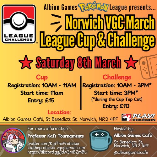 VGC CUP &amp; CHALLENGE IN NORWICH!

We are excited to bring you a CUP &amp; Challenge double bill: Saturday the 8th of March 2025 

Pre-register on limitless or by contacting Professor Kai with your Name, Player ID &amp; Year of Birth: kaitheprofessor.vgc@gmail.com

play.limitlesstcg.com/tournament/67b…