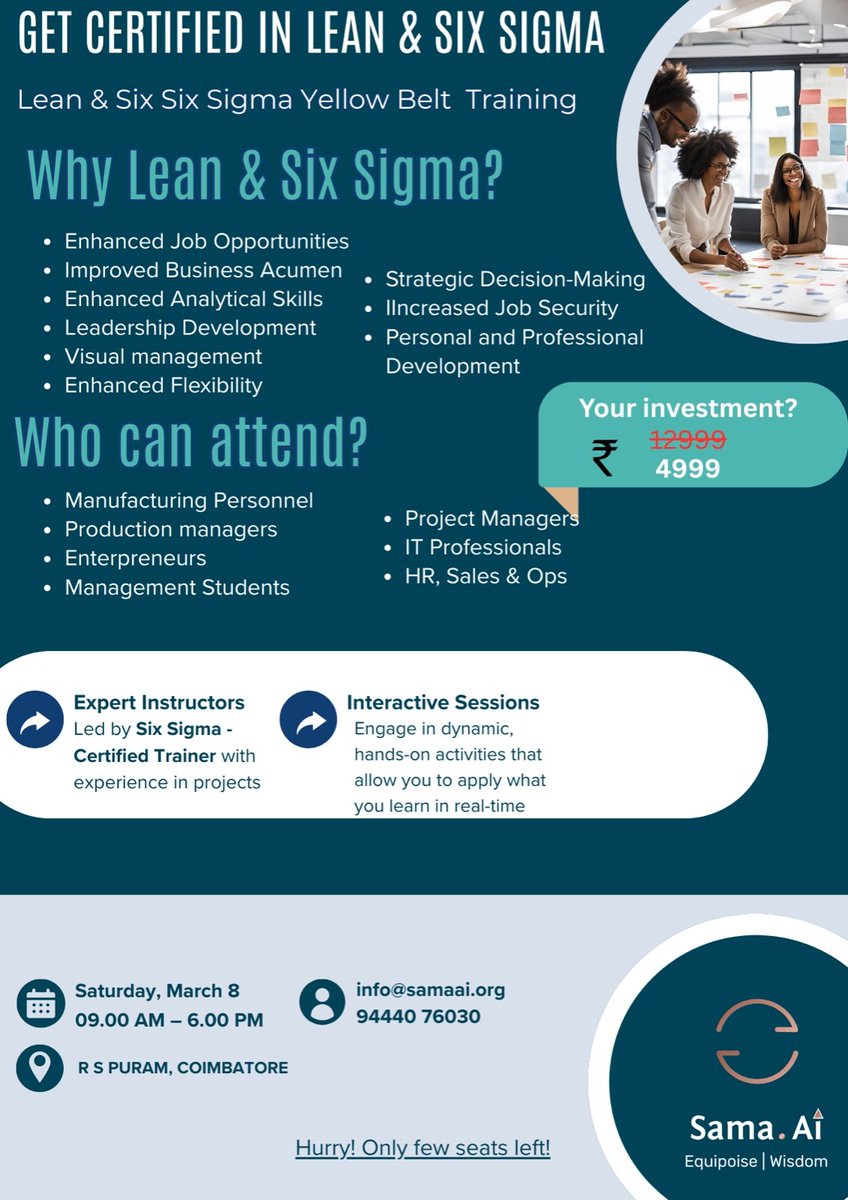 filmmakernaveen's tweet image. Hi all, Announcing the next batch of Lean and Yellow Belt training at Coimbatore on this 8th of March Saturday between 9 am to 5pm.
kindly login to the link here to get registered..
Best Regards,
Team Sama.Ai
samaai.org
docs.google.com/forms/d/e/1FAI…