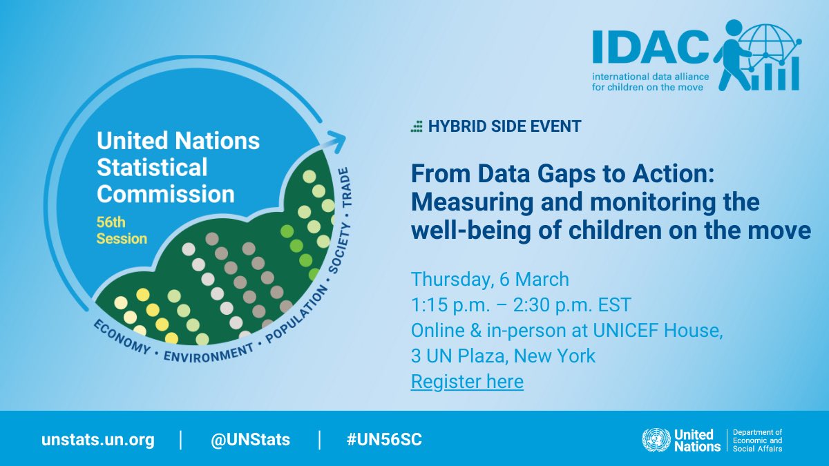 João Pedro Azevedo (@jpazvd) on Twitter photo The International Data Alliance for Children on the Move (IDAC), a joint effort by @Eurostat, @IOM, <a href="/OECD/">OECD ➡️ Better Policies for Better Lives</a>, @UNHCR and <a href="/UNICEF/">UNICEF</a>, invites you to a side event of the UN Statistical Commission’s 56th Session.
The event brings together the statistical community to advance The International Data Alliance for Children on the Move (IDAC), a joint effort by @Eurostat, @IOM, <a href="/OECD/">OECD ➡️ Better Policies for Better Lives</a>, @UNHCR and <a href="/UNICEF/">UNICEF</a>, invites you to a side event of the UN Statistical Commission’s 56th Session.
The event brings together the statistical community to advance
