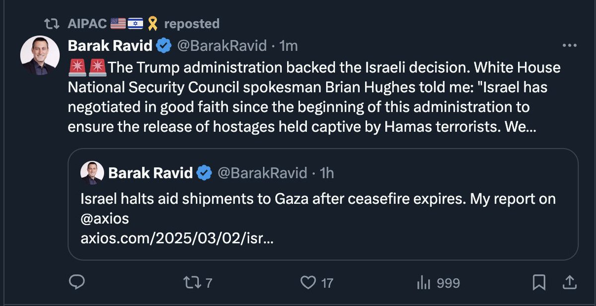 TrackAIPAC's tweet photo. Trump approved Israel's decision to block aid shipments from entering Gaza: https://t.co/WxuFN63IRW