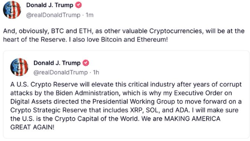 Trump xrp,sol ada gibi coinlerden stratejik rezerv yapacakmış. 

Ethereum'dan bahsetmeyi unuttu. 
Aradan bir saat geçtikten sonra BTC ve ETH'den bahsederek ekleme  yaptı.

---

XRP, SOL ve ADA bu 3 coinde merkezi çöp coindir. 

Bu bir lobi faaliyetidir. 
Çöp tokenlerin fenomenler